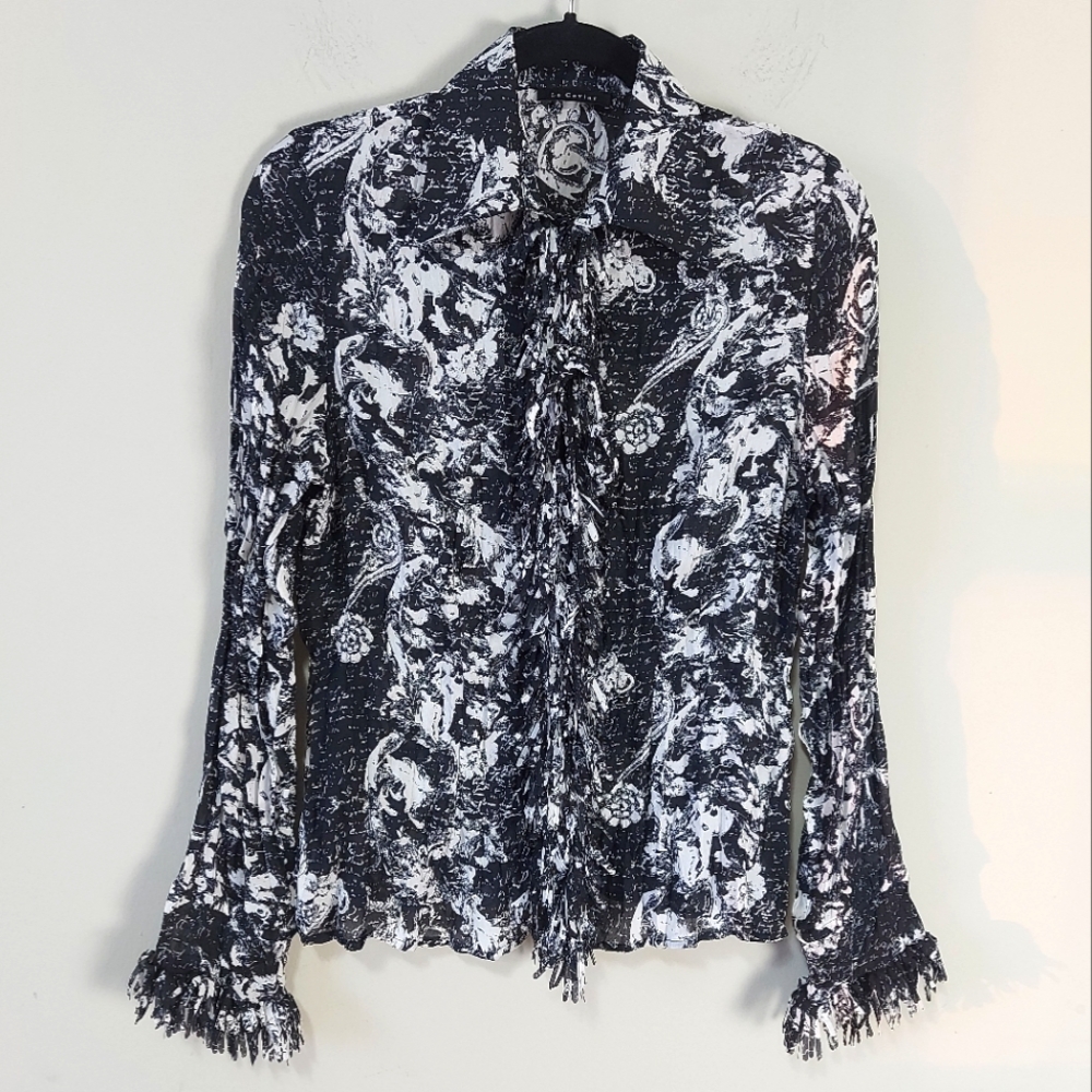 Le Caviar Wrinkled Button Up Blouse Size Medium Fringe Trim Neck Tie Sheer Fairy